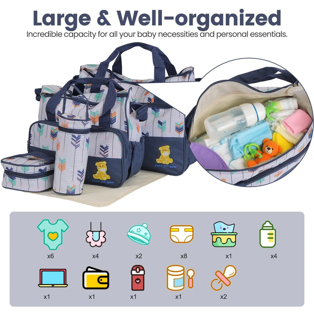 5Pcs Baby Nappy Diaper Bags Set for Picnic Mummy Diaper Handbags with Diaper Pad Food Bag Bottle Bag Travel Tote Bags for Mom Dad
