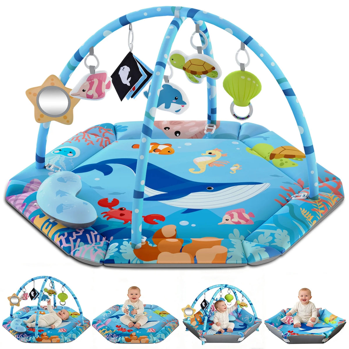 Baby Gym Play Mat, 8-In-1 Tummy Time Mat, Infant Play Gym with 6 Detachable Toys, Washable Activity Mat & Ball Pit, Baby Toys Gift for Ages 0-18M