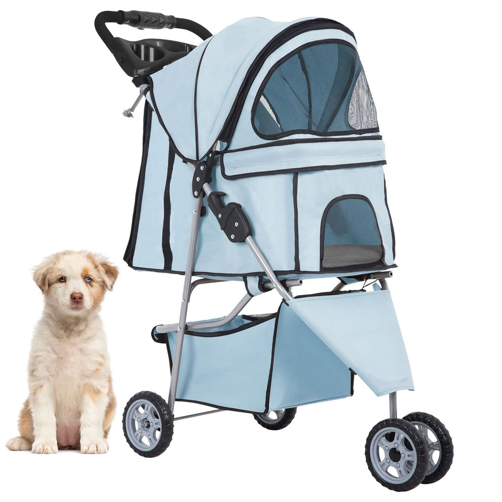 3 Wheels Pet Stroller Dog Cat Stroller for Medium Small Dogs Cats Travel Folding Carrier Waterproof Puppy Stroller with Cup Holder,Light Blue