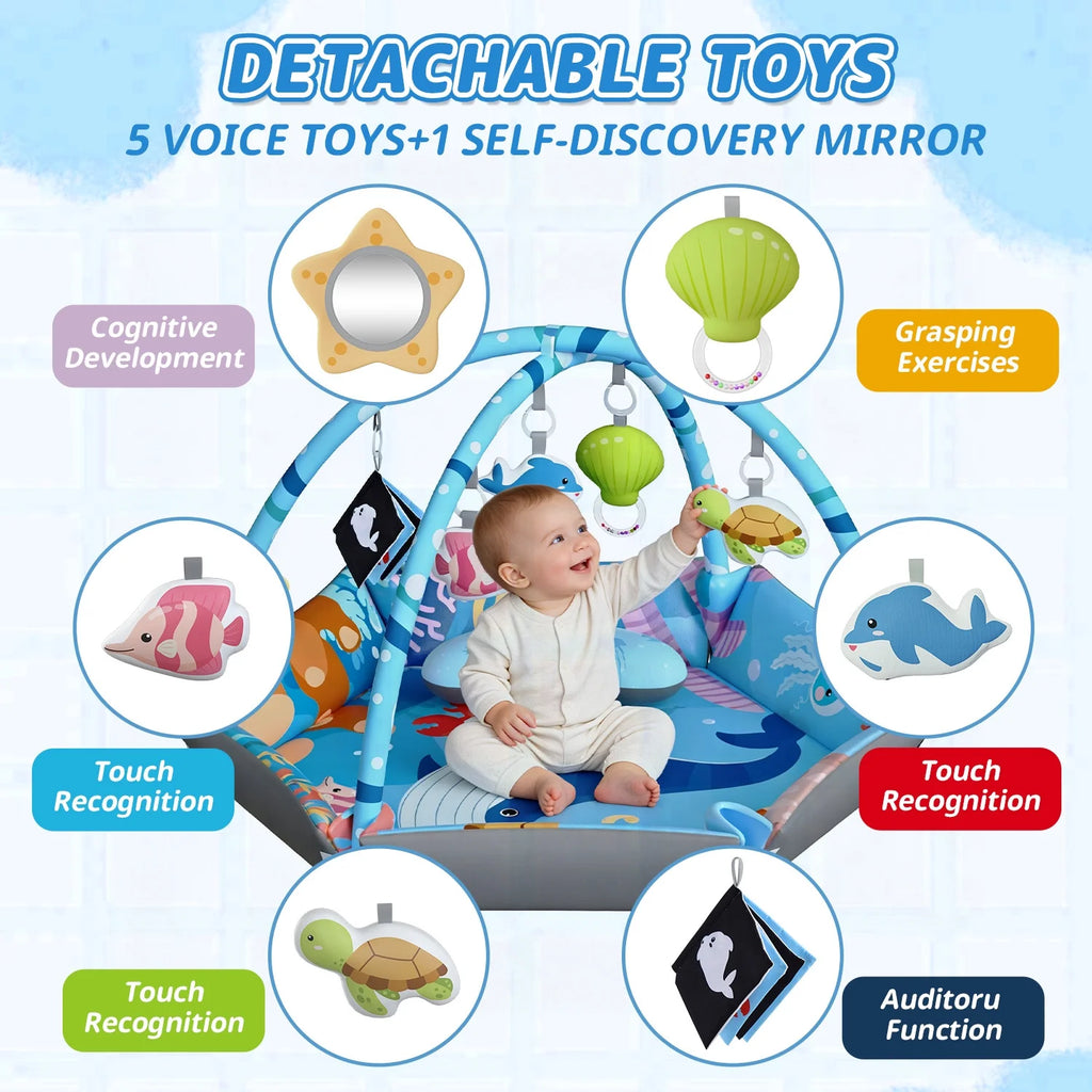 Baby Gym Play Mat, 8-In-1 Tummy Time Mat, Infant Play Gym with 6 Detachable Toys, Washable Activity Mat & Ball Pit, Baby Toys Gift for Ages 0-18M