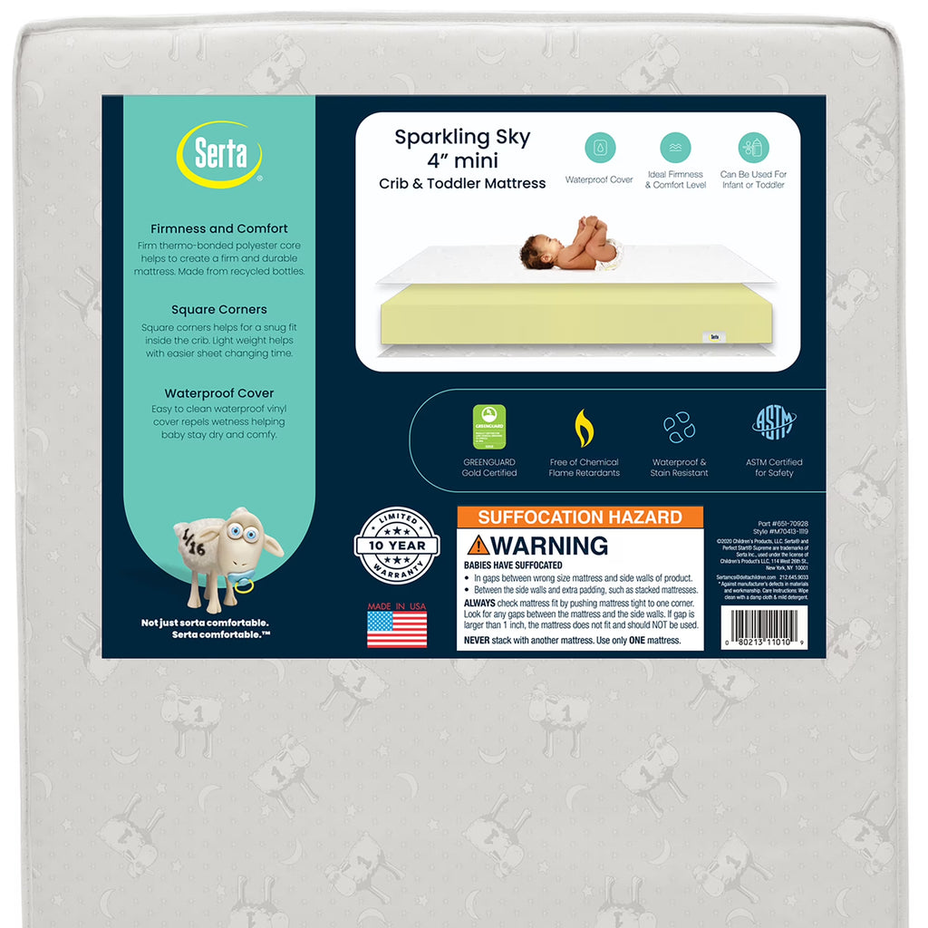 Sparkling Sky 4" Mini/Portable Dual Sided Crib & Toddler Mattress, GREENGUARD Gold Certified