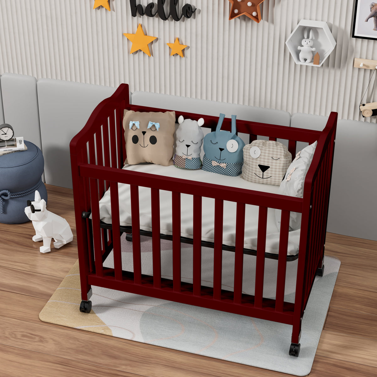 Baby Mini Crib, Small Crib with 3-Position Mattress Board, Cherry