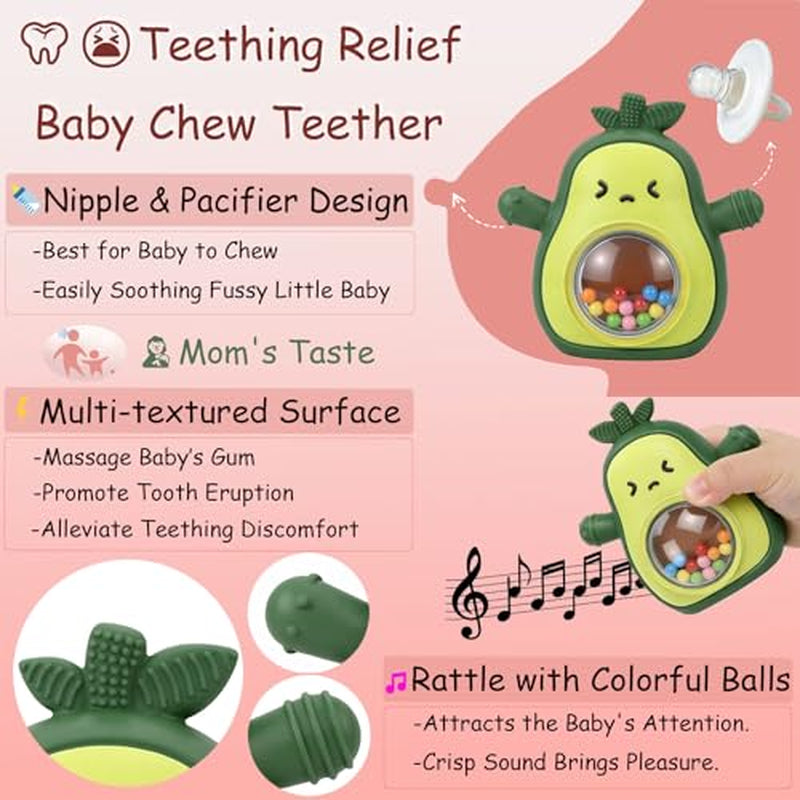 Baby Rattle Teething Toys Silicone Avocado Teething Mitten over 3 Months-Sensory Toys for Grasping Chewing Sucking Hearing Needs-Baby Teether for Teething Relief-Bpa Free Infant Toys Baby Shower Gifts