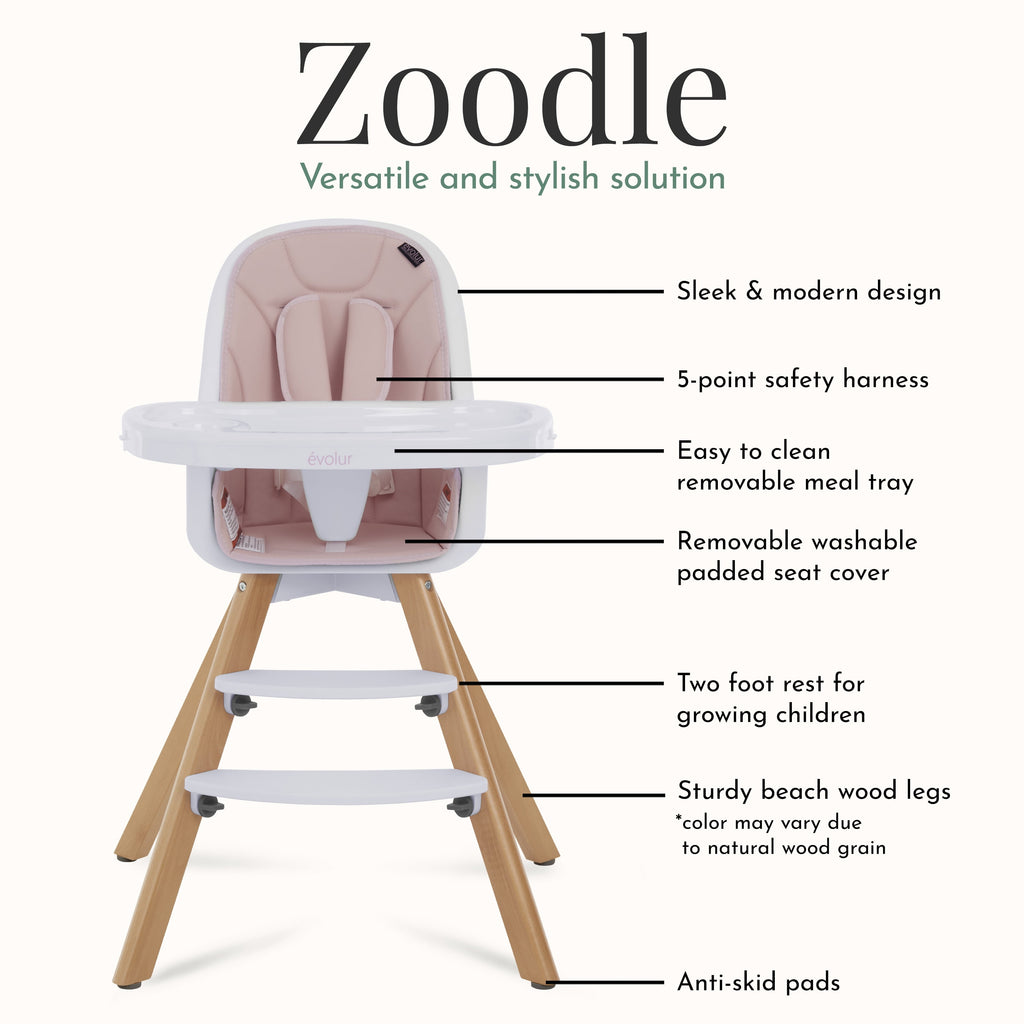 Zoodle 2-In-1 High Chair Booster Feeding Chair with Modern Design, Pink