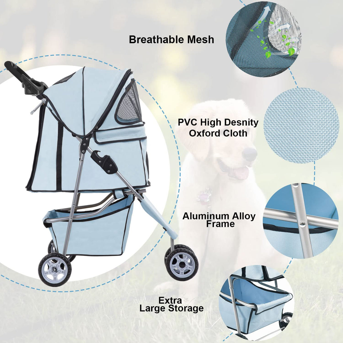 3 Wheels Pet Stroller Dog Cat Stroller for Medium Small Dogs Cats Travel Folding Carrier Waterproof Puppy Stroller with Cup Holder,Light Blue