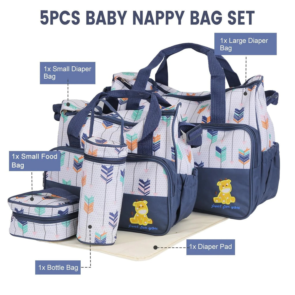 5Pcs Baby Nappy Diaper Bags Set for Picnic Mummy Diaper Handbags with Diaper Pad Food Bag Bottle Bag Travel Tote Bags for Mom Dad