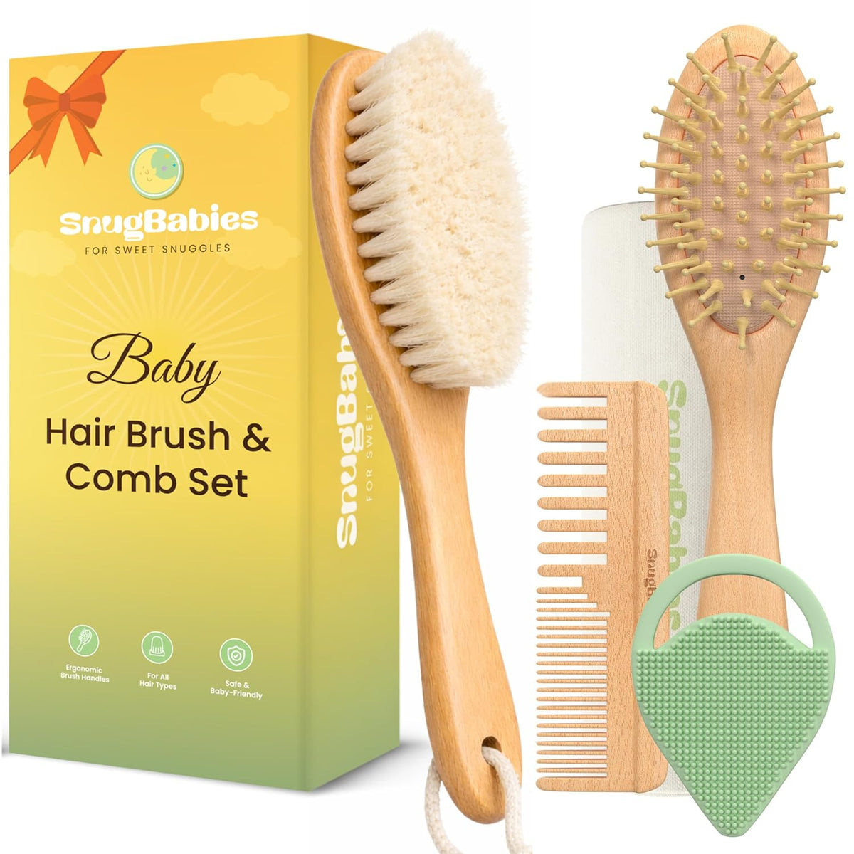 Baby Hair Brush & Comb Set for Newborns - Gentle Goat-Hair & Bamboo Bristle Hairbrushes with Easy Grip Wooden Handles - 5-Pack Baby Brush Set with a Cotton Travel Pouch - Gifts for Boys & Girls