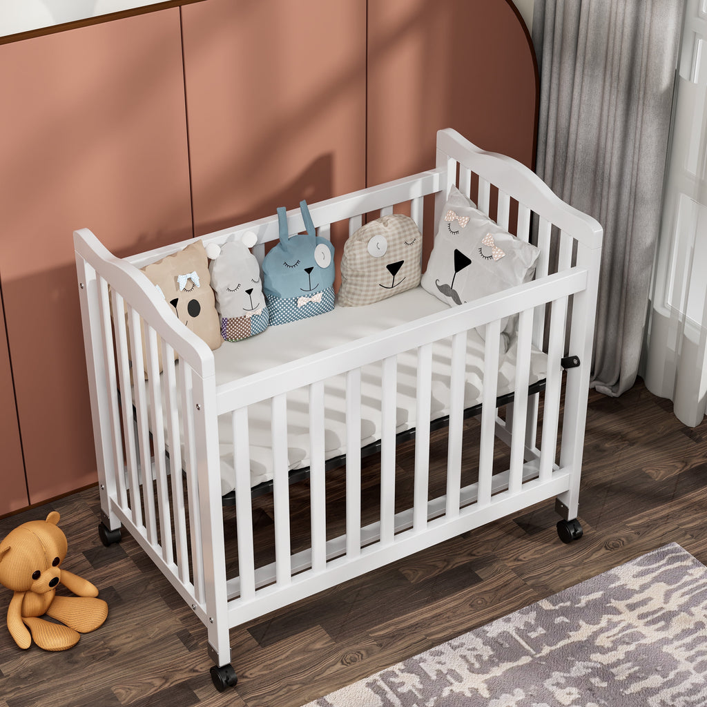 Baby Mini Crib, Small Crib with 3-Position Mattress Board, White