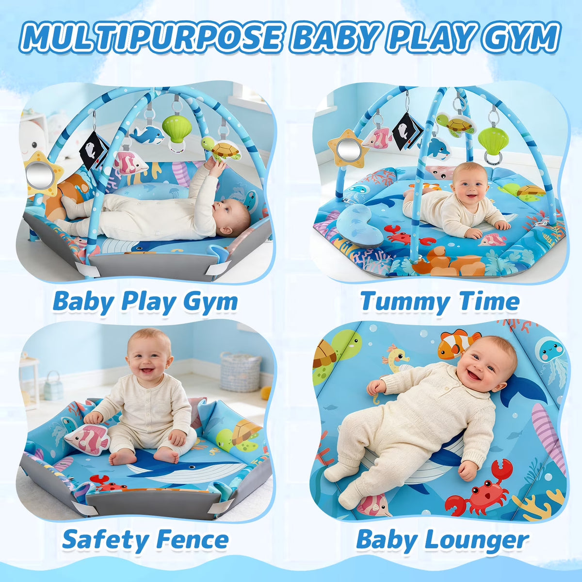 Baby Gym Play Mat, 8-In-1 Tummy Time Mat, Infant Play Gym with 6 Detachable Toys, Washable Activity Mat & Ball Pit, Baby Toys Gift for Ages 0-18M