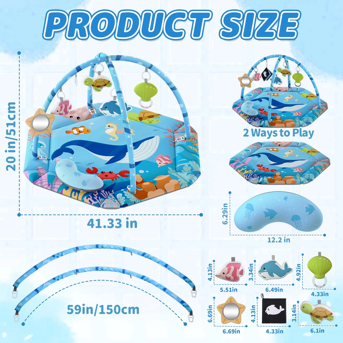 Baby Gym Play Mat, 8-In-1 Tummy Time Mat, Infant Play Gym with 6 Detachable Toys, Washable Activity Mat & Ball Pit, Baby Toys Gift for Ages 0-18M