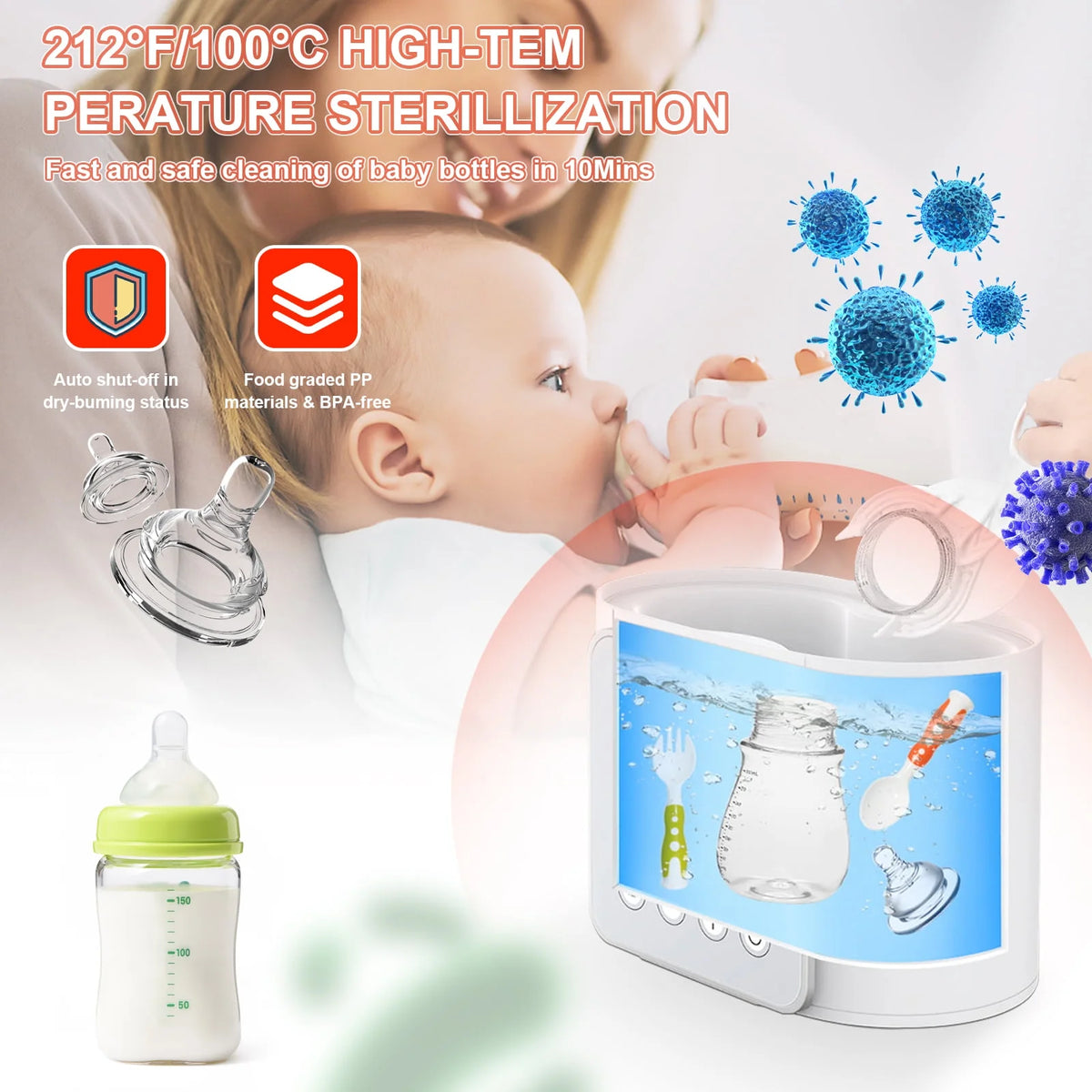 Baby Bottle Warmer, 9-In-1 Portable Bottle Warmer with LCD Display, Double Bottles Fast Milk Warmer, White