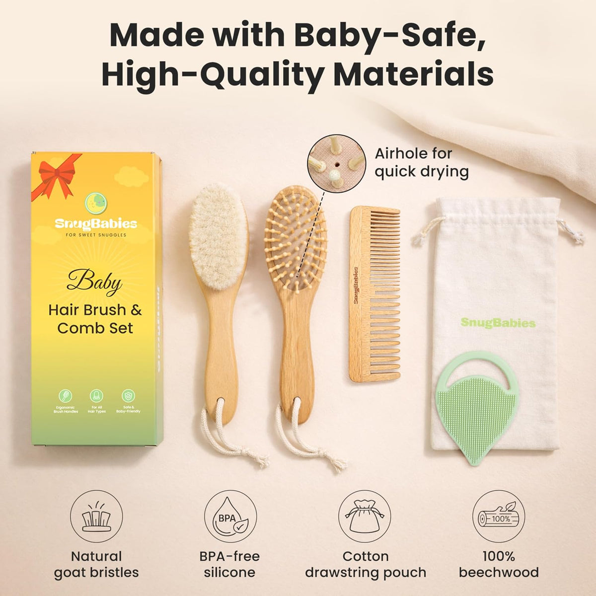 Baby Hair Brush & Comb Set for Newborns - Gentle Goat-Hair & Bamboo Bristle Hairbrushes with Easy Grip Wooden Handles - 5-Pack Baby Brush Set with a Cotton Travel Pouch - Gifts for Boys & Girls