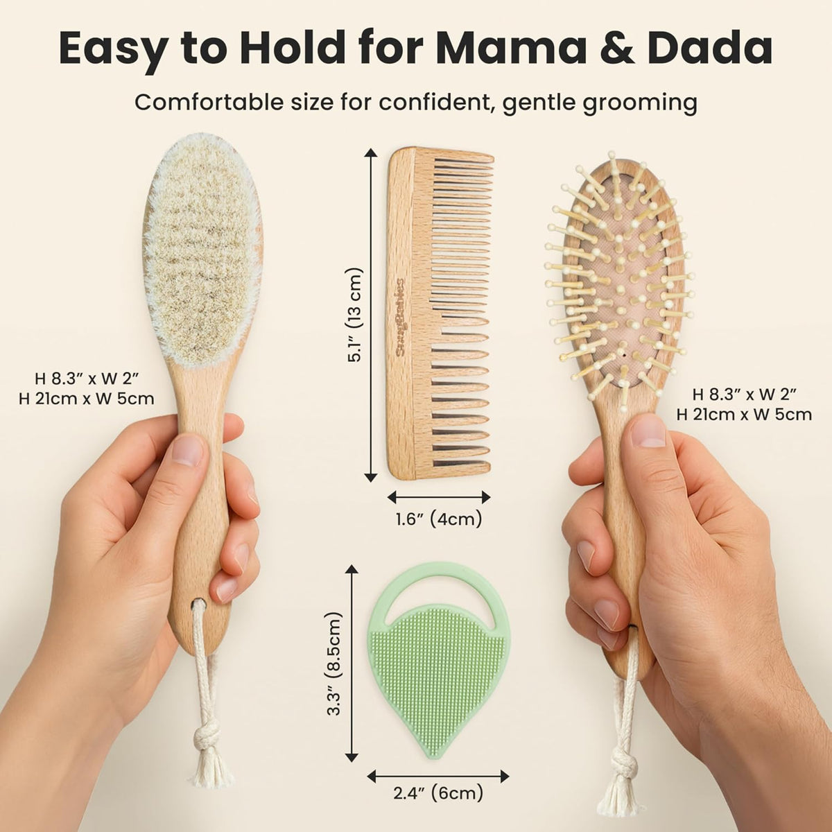 Baby Hair Brush & Comb Set for Newborns - Gentle Goat-Hair & Bamboo Bristle Hairbrushes with Easy Grip Wooden Handles - 5-Pack Baby Brush Set with a Cotton Travel Pouch - Gifts for Boys & Girls