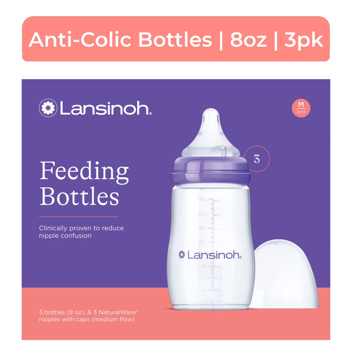 (2 Pack)  Anti-Colic Baby Bottles, Bpa-Free Plastic, 8Oz, 3Pk, Medium Flow Nipples (Size M), Breastfeeding Bottle, Naturalwave Design, Baby Essentials