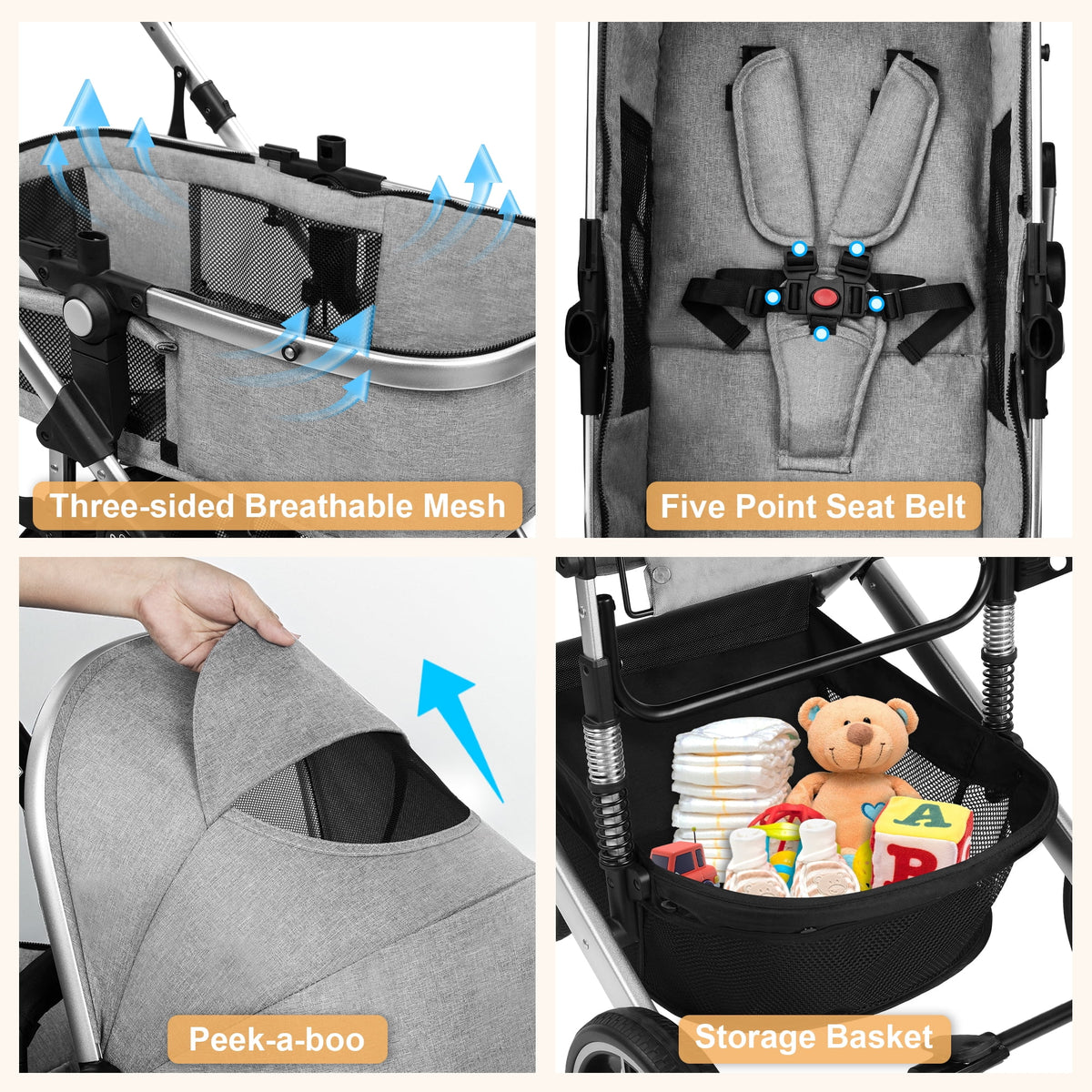 Baby Stroller, Foldable Aluminum Alloy Stroller with Reversible, Travel Stroller for Newborn Infant, Grey