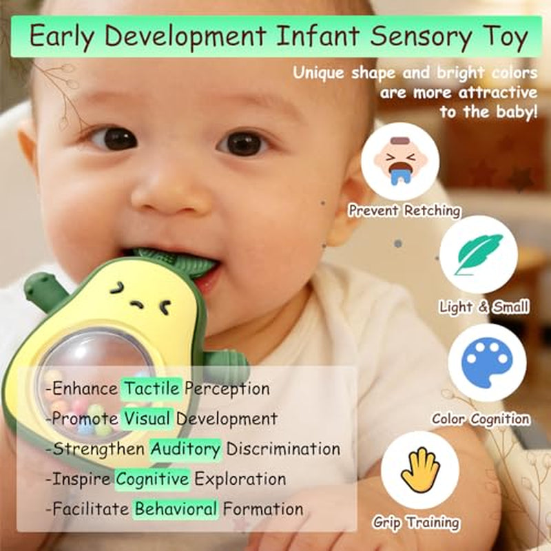 Baby Rattle Teething Toys Silicone Avocado Teething Mitten over 3 Months-Sensory Toys for Grasping Chewing Sucking Hearing Needs-Baby Teether for Teething Relief-Bpa Free Infant Toys Baby Shower Gifts