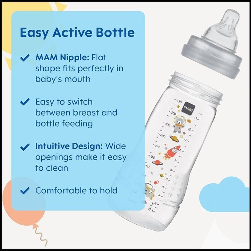 MAM Easy Active Bottle 11 Oz 2-Count, Fast Flow Baby Bottles with Silicone 4+