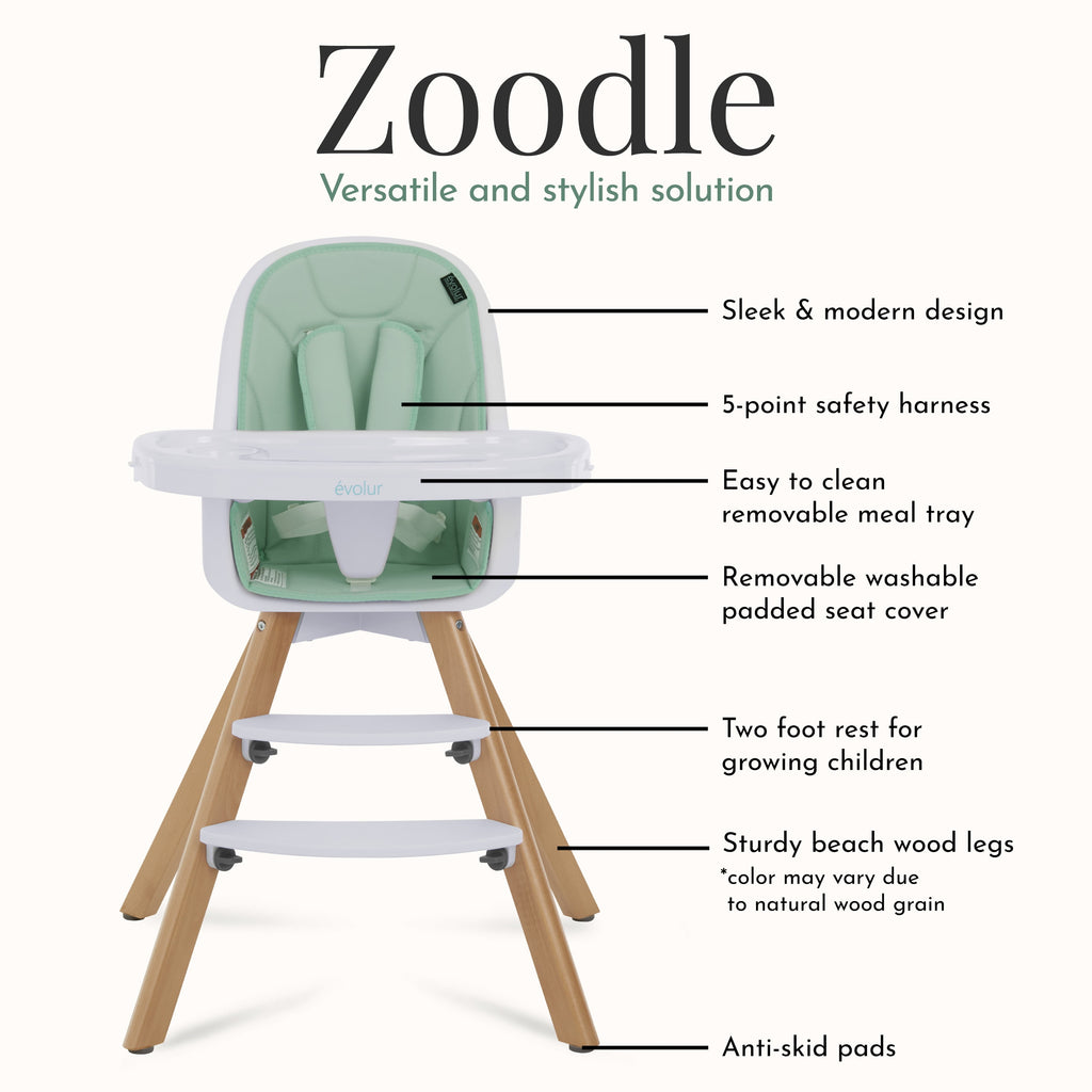 Zoodle 2-In-1 High Chair Booster Feeding Chair with Modern Design, Mint