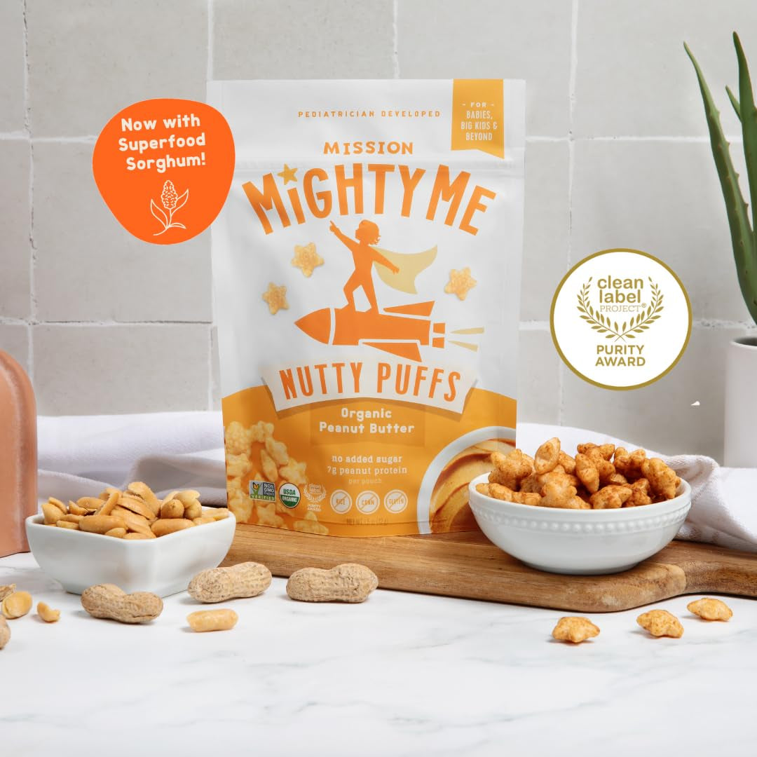 Nutty Puffs All-Flavor Variety Pack - Organic Peanut Butter and Mixed Nut Butter Puffs for Babies + Kids - Pediatrician Developed - USDA Organic, Plant-Based Protein, Gluten-Free Snack (1.5Oz, 5-Pack)