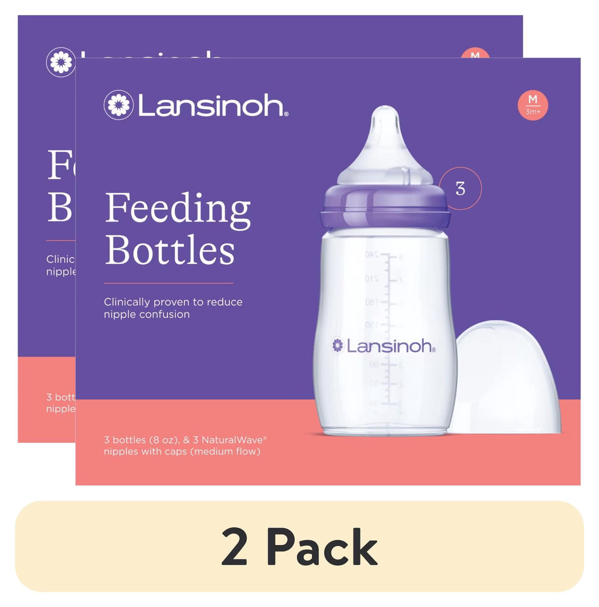 (2 Pack)  Anti-Colic Baby Bottles, Bpa-Free Plastic, 8Oz, 3Pk, Medium Flow Nipples (Size M), Breastfeeding Bottle, Naturalwave Design, Baby Essentials