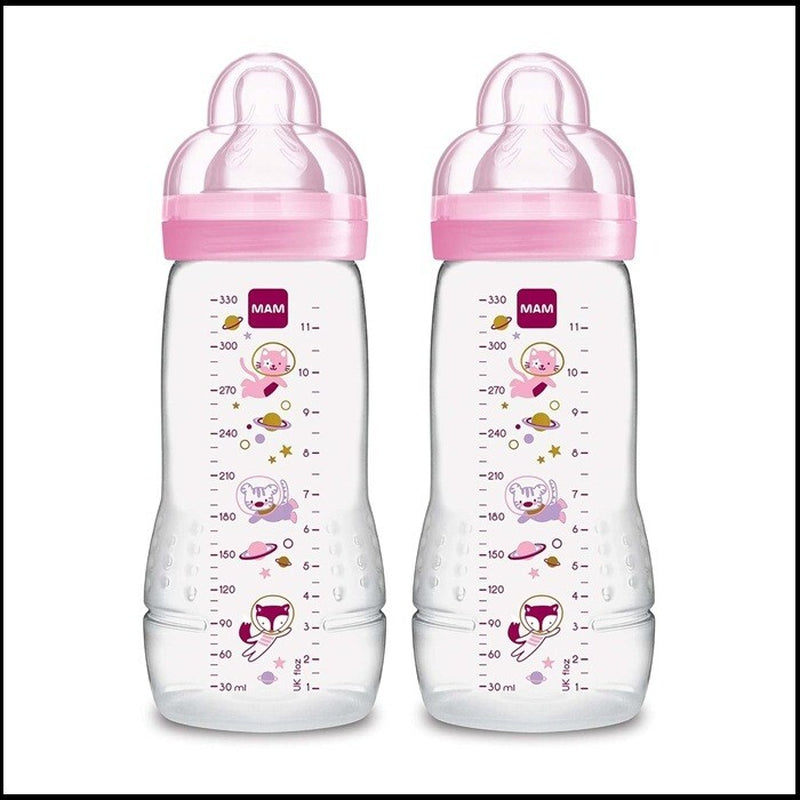 MAM Easy Active Bottle 11 Oz 2-Count, Fast Flow Baby Bottles with Silicone 4+