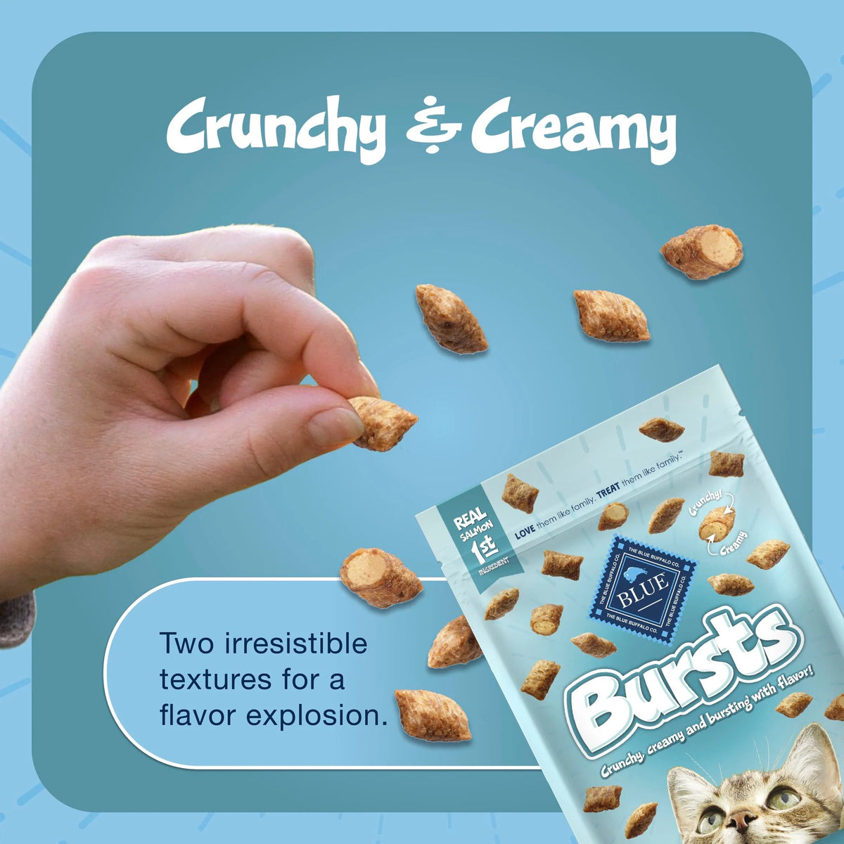 Bursts Crunchy & Creamy Cat Treats, Great for Training, Savory Seafood, 12-Oz Tub
