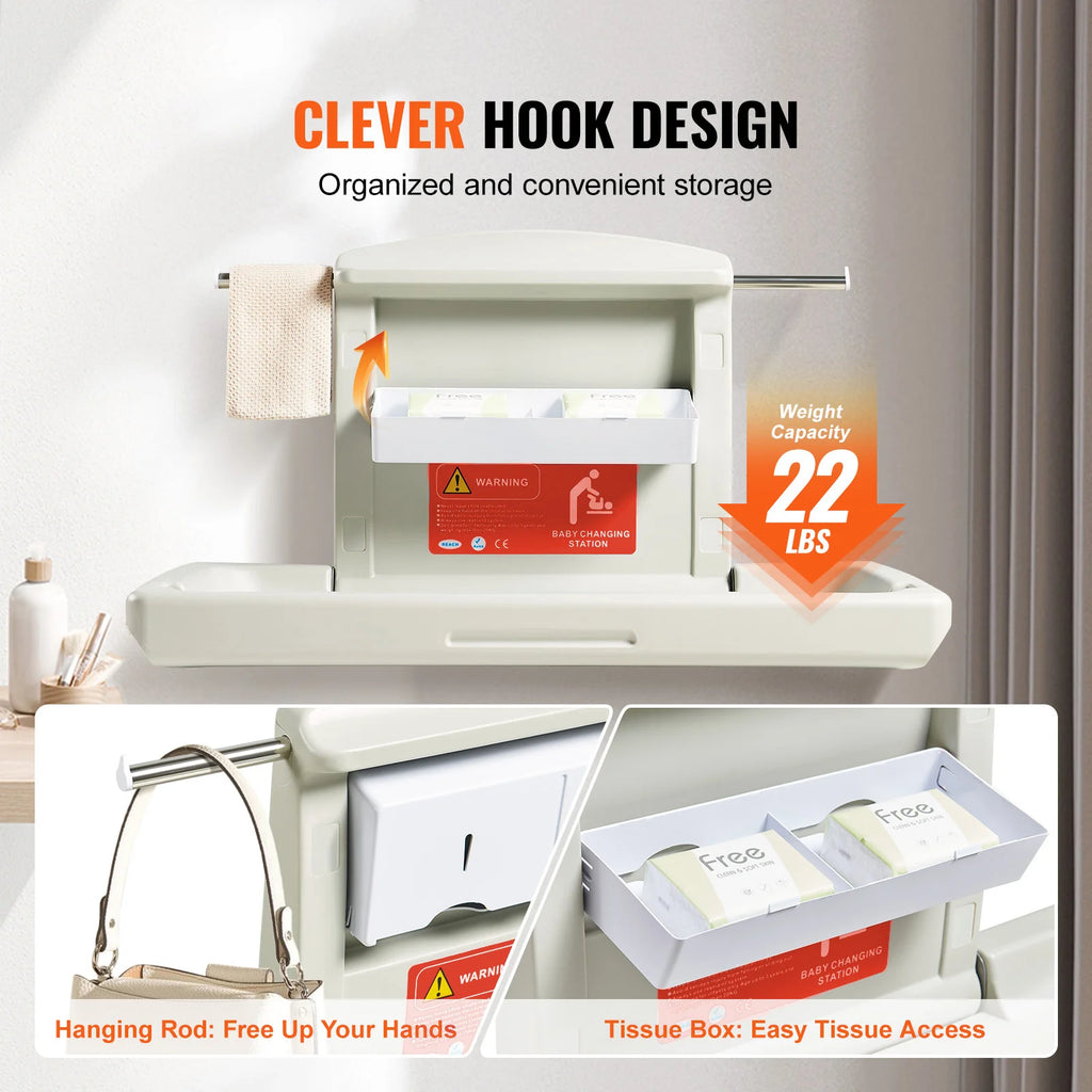 Wall-Mounted Baby Changing Station, Horizontal Foldable Diaper Change Table with Safety Straps and Hanging Rods, Use in Commercial Bathrooms, Daycare Centers for Newborns & Infant