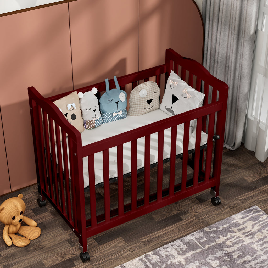 Baby Mini Crib, Small Crib with 3-Position Mattress Board, Cherry