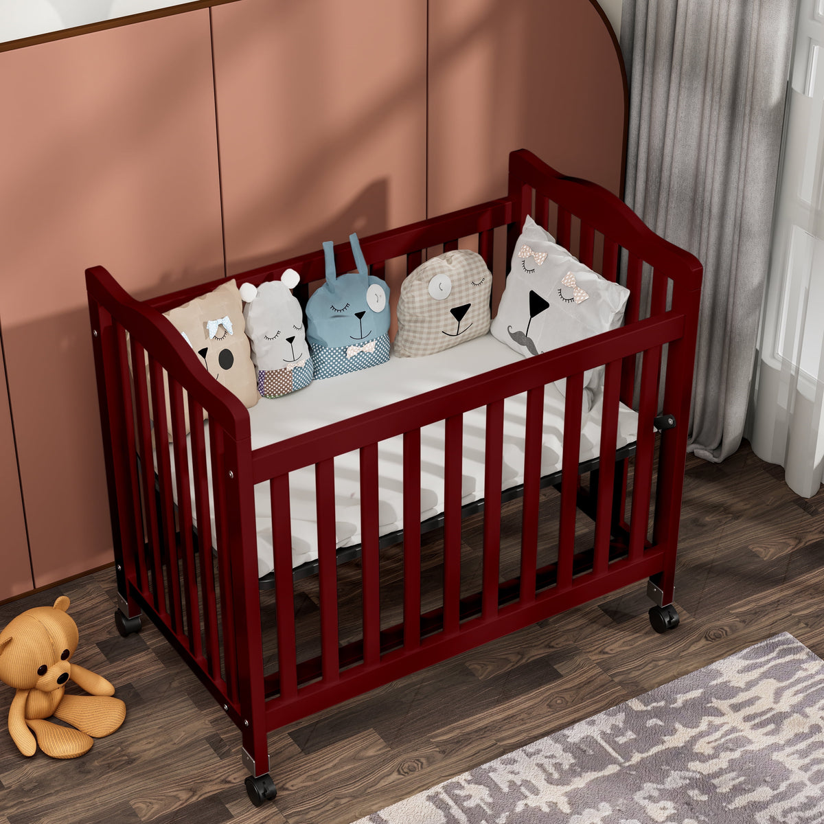 Baby Mini Crib, Small Crib with 3-Position Mattress Board, Cherry