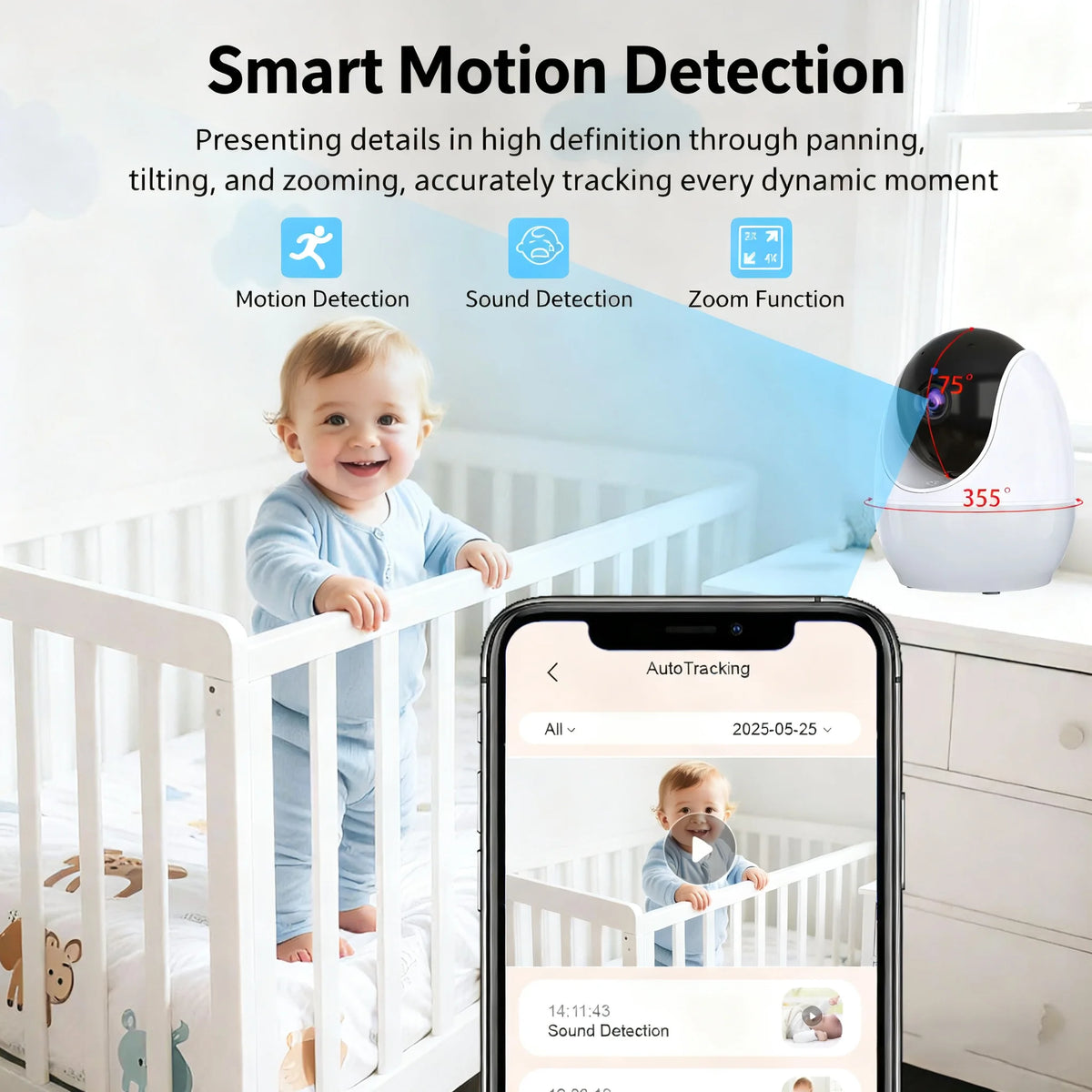 4.3-Inch Baby Video Monitor with 4X Zoom Camera Motion/Sound Detection Soft Night Light & Dual Control (APP + Wireless Monitor)