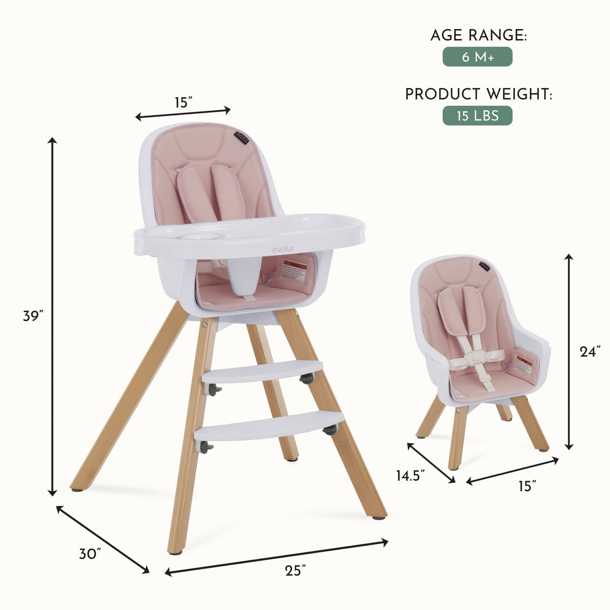 Zoodle 2-In-1 High Chair Booster Feeding Chair with Modern Design, Pink