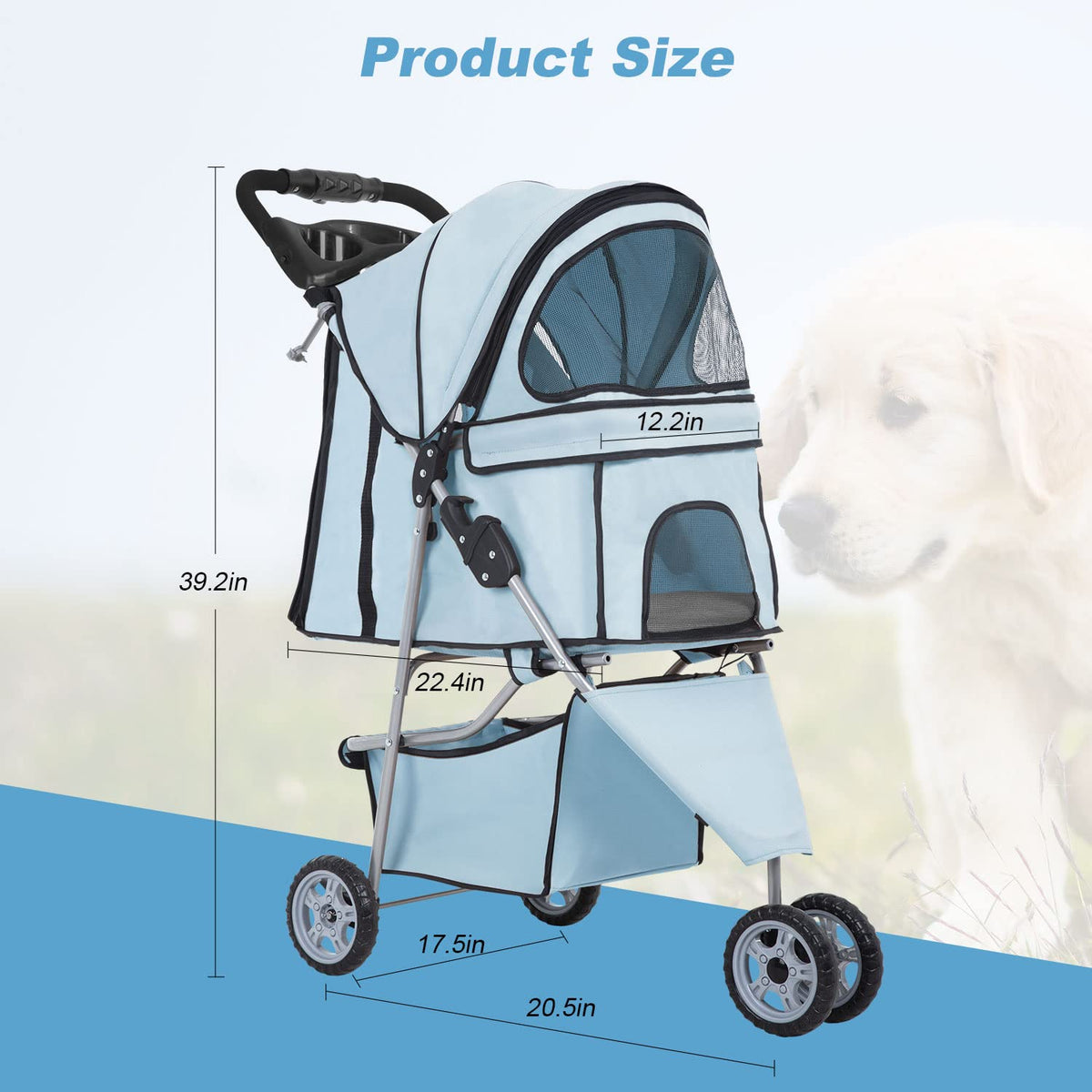 3 Wheels Pet Stroller Dog Cat Stroller for Medium Small Dogs Cats Travel Folding Carrier Waterproof Puppy Stroller with Cup Holder,Light Blue