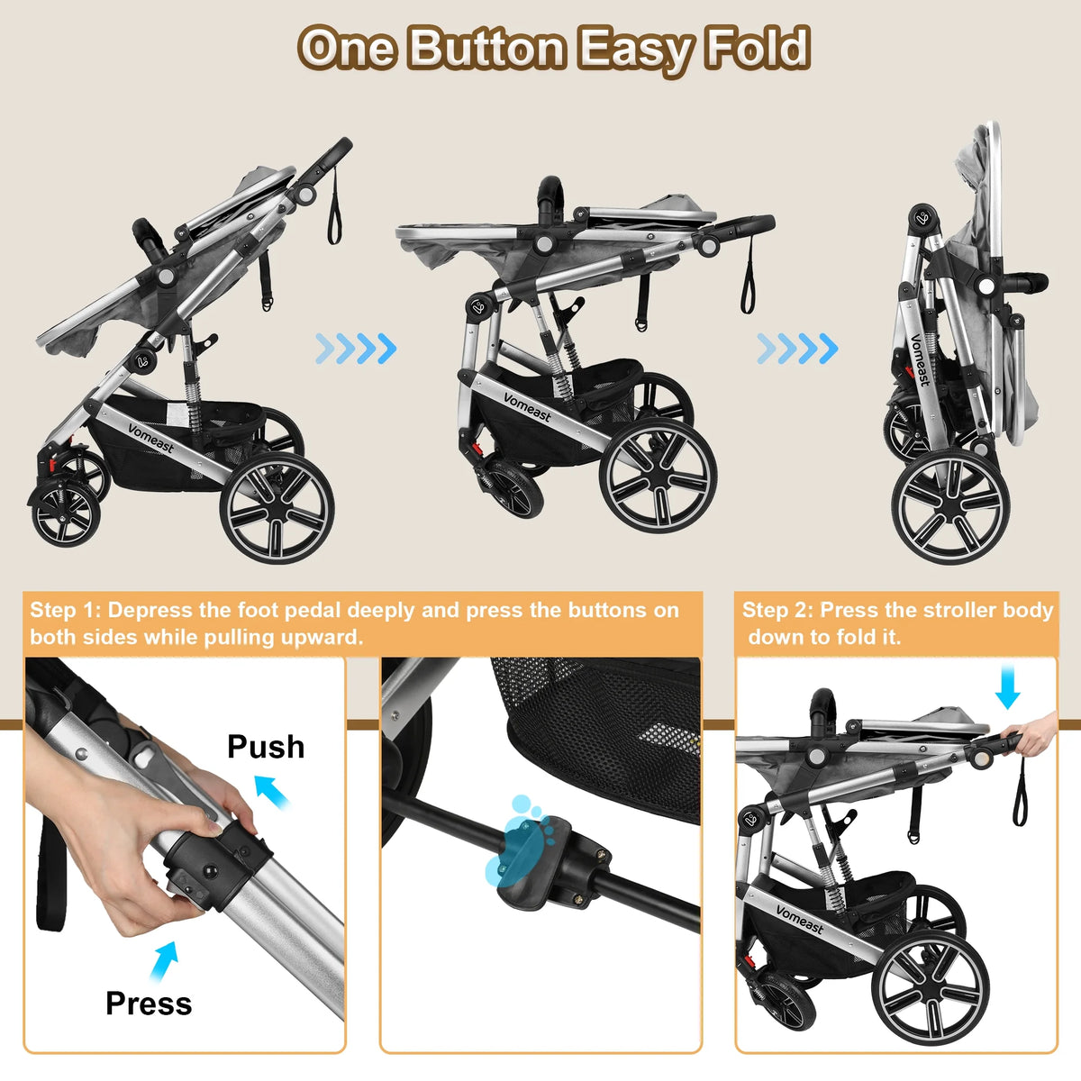 Baby Stroller, Foldable Aluminum Alloy Stroller with Reversible, Travel Stroller for Newborn Infant, Grey