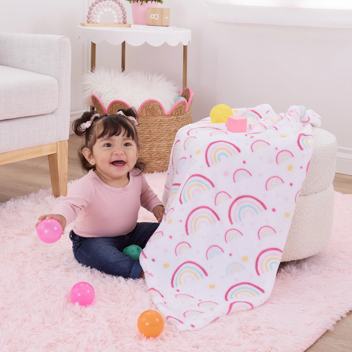 Plush Baby Blanket, Rainbows, Infant Girl, Pink, 30 in X 36 In