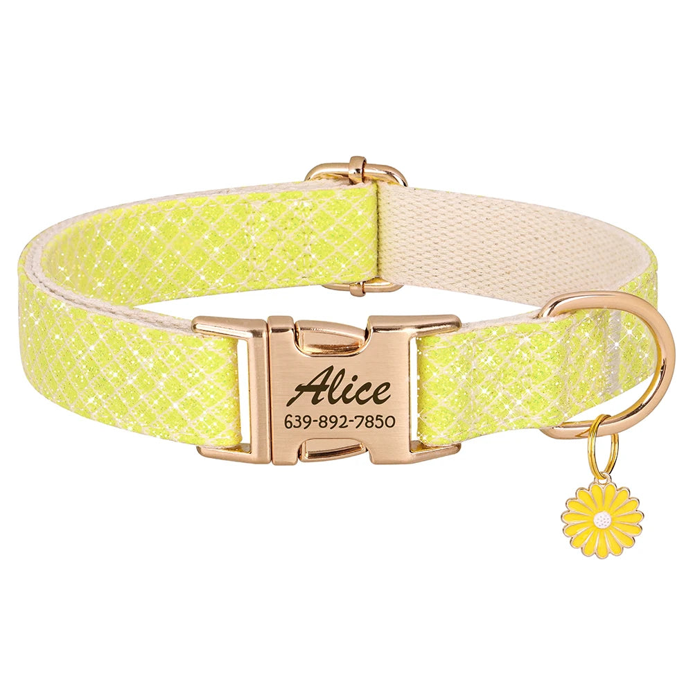 Bling Nylon Custom Dog Collar Cute Flower Tag Dog Collars Engraving Pet Name ID Buckle Necklace for Small Large Dogs Chihuahua