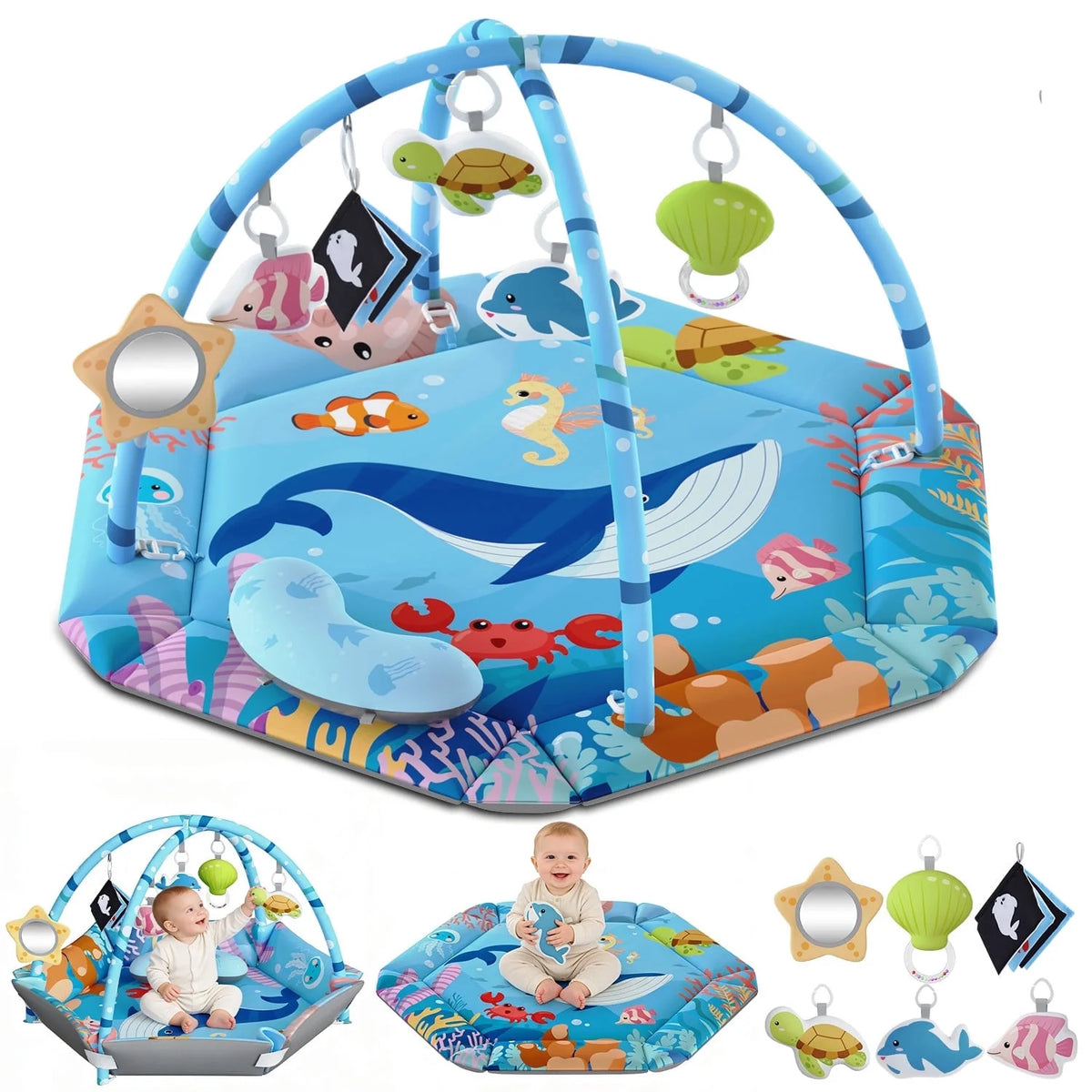 Baby Gym Play Mat, 8-In-1 Tummy Time Mat, Infant Play Gym with 6 Detachable Toys, Washable Activity Mat & Ball Pit, Baby Toys Gift for Ages 0-18M