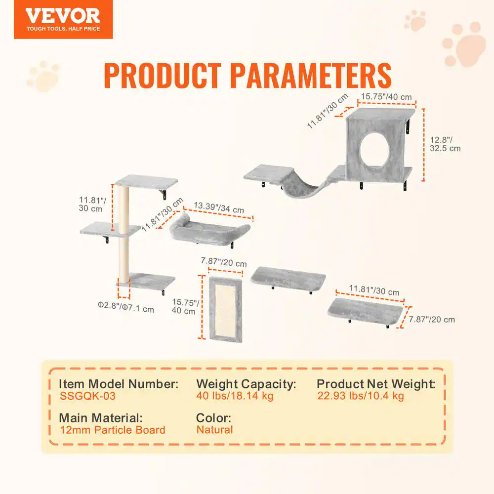 Wall Mounted Cat Shelves, Cat Wall Shelves and Perches with Jumping Boards, Hammock, Sofa, Cat Tree Cat Grip, 40 Lbs.