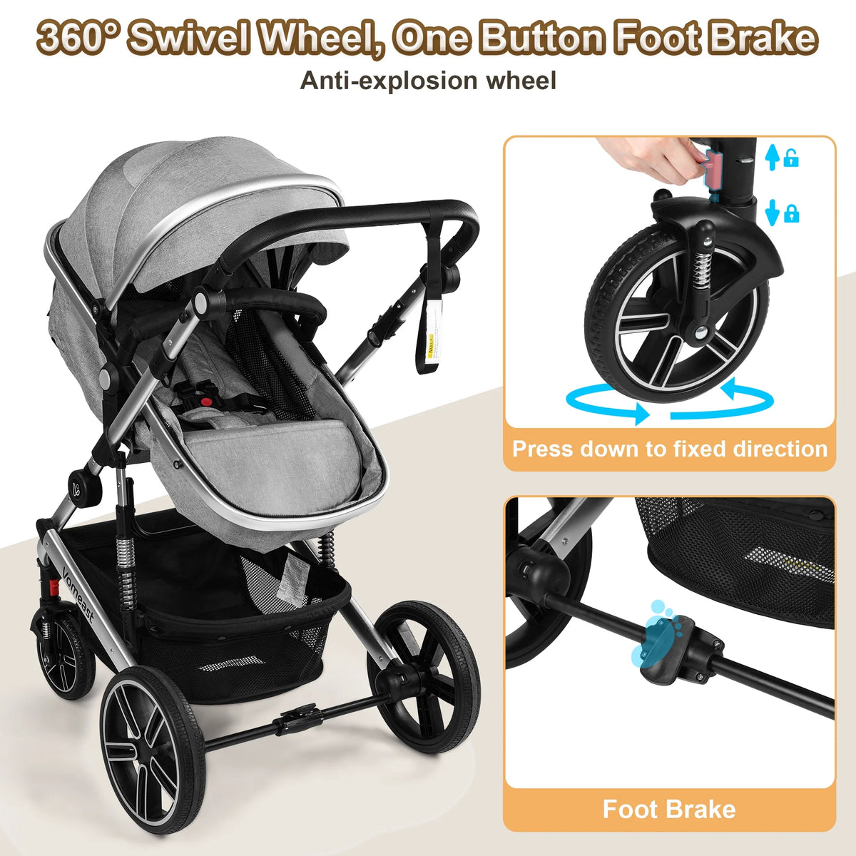 Baby Stroller, Foldable Aluminum Alloy Stroller with Reversible, Travel Stroller for Newborn Infant, Grey
