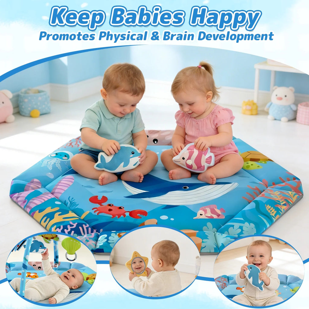 Baby Gym Play Mat, 8-In-1 Tummy Time Mat, Infant Play Gym with 6 Detachable Toys, Washable Activity Mat & Ball Pit, Baby Toys Gift for Ages 0-18M