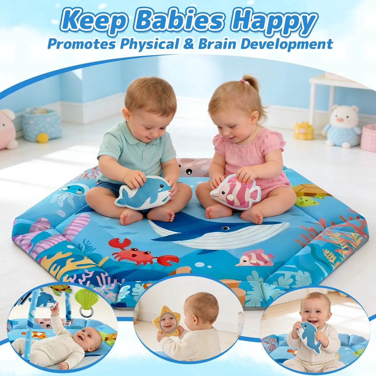 Baby Gym Play Mat, 8-In-1 Tummy Time Mat, Infant Play Gym with 6 Detachable Toys, Washable Activity Mat & Ball Pit, Baby Toys Gift for Ages 0-18M