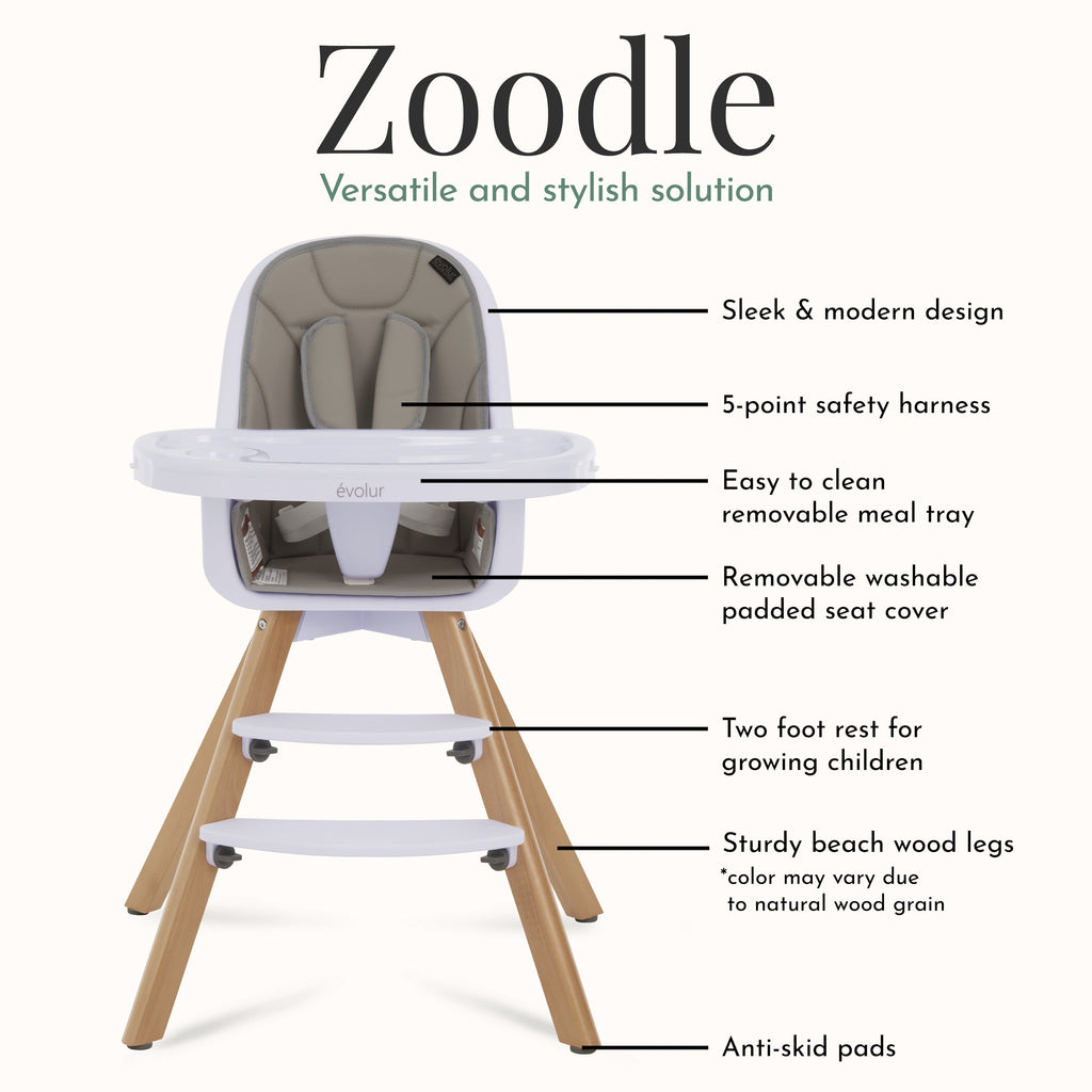 Zoodle 3-In-1 High Chair Booster Feeding Chair with Modern Design, Light Grey