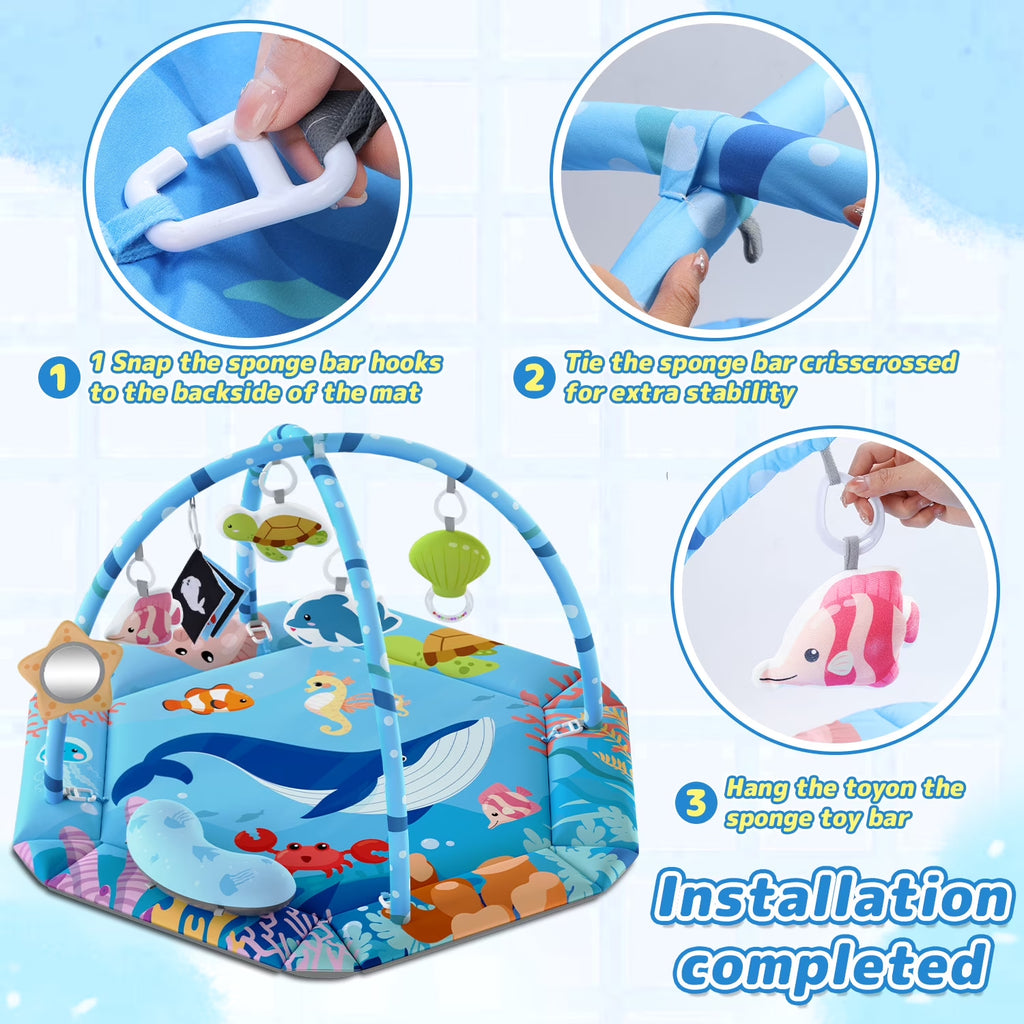 Baby Gym Play Mat, 8-In-1 Tummy Time Mat, Infant Play Gym with 6 Detachable Toys, Washable Activity Mat & Ball Pit, Baby Toys Gift for Ages 0-18M