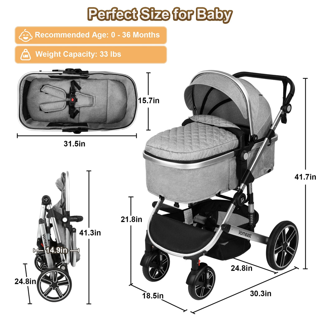 Baby Stroller, Foldable Aluminum Alloy Stroller with Reversible, Travel Stroller for Newborn Infant, Grey