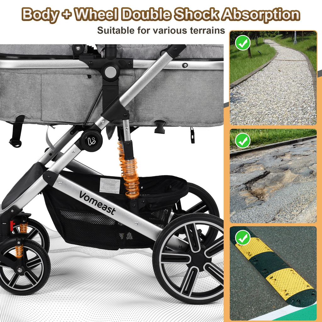 Baby Stroller, Foldable Aluminum Alloy Stroller with Reversible, Travel Stroller for Newborn Infant, Grey