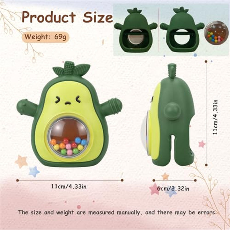 Baby Rattle Teething Toys Silicone Avocado Teething Mitten over 3 Months-Sensory Toys for Grasping Chewing Sucking Hearing Needs-Baby Teether for Teething Relief-Bpa Free Infant Toys Baby Shower Gifts