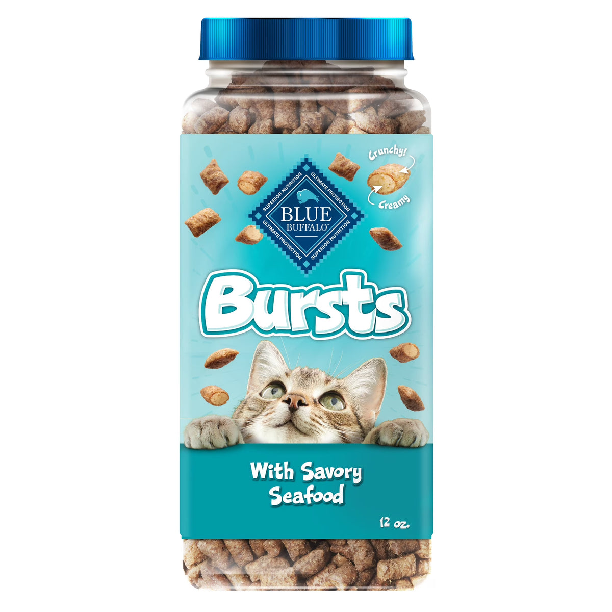 Bursts Crunchy & Creamy Cat Treats, Great for Training, Savory Seafood, 12-Oz Tub