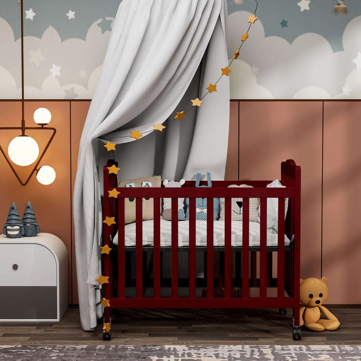Baby Mini Crib, Small Crib with 3-Position Mattress Board, Cherry