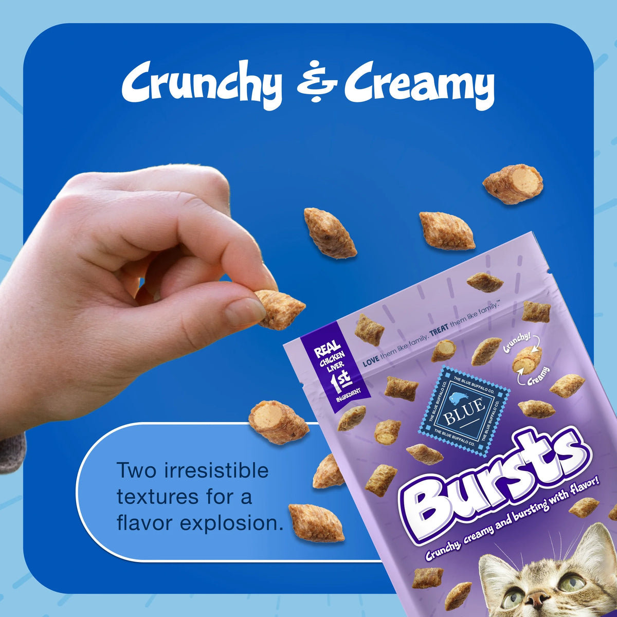 Bursts Crunchy & Creamy Cat Treats, Great for Training, Liver & Beef, 12-Oz. Tub