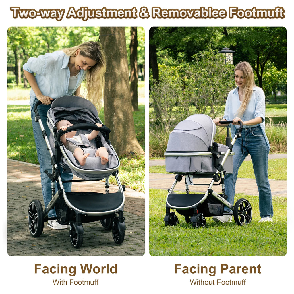 Baby Stroller, Foldable Aluminum Alloy Stroller with Reversible, Travel Stroller for Newborn Infant, Grey