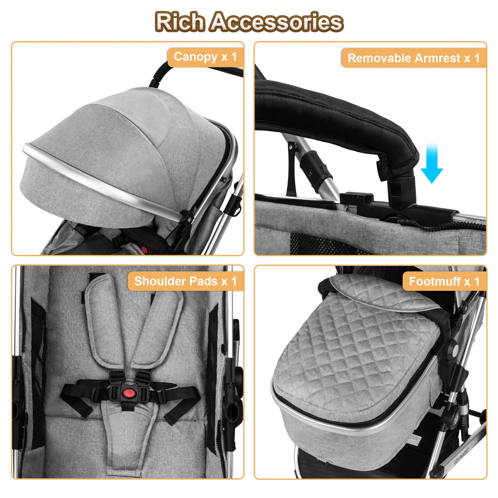 Baby Stroller, Foldable Aluminum Alloy Stroller with Reversible, Travel Stroller for Newborn Infant, Grey